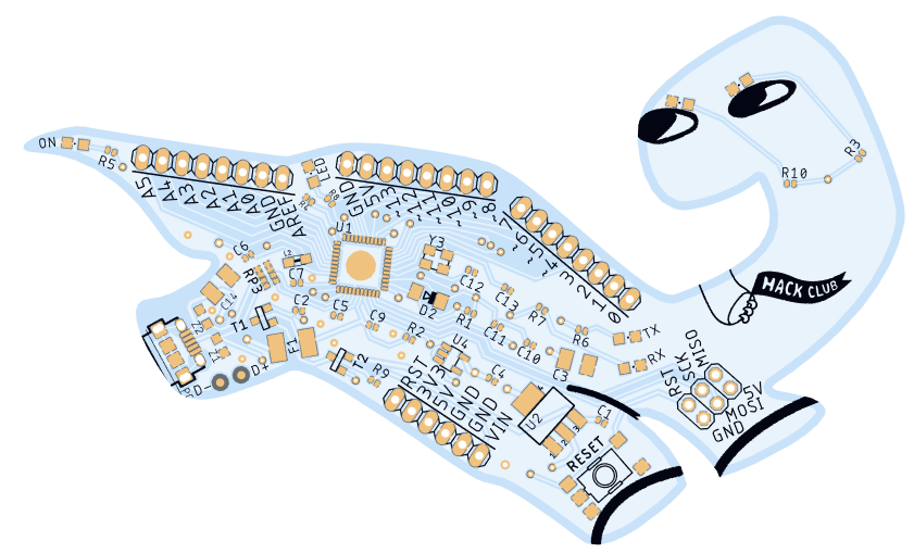 A complex white circuit board in the shape of a cute leaping dinosaur.